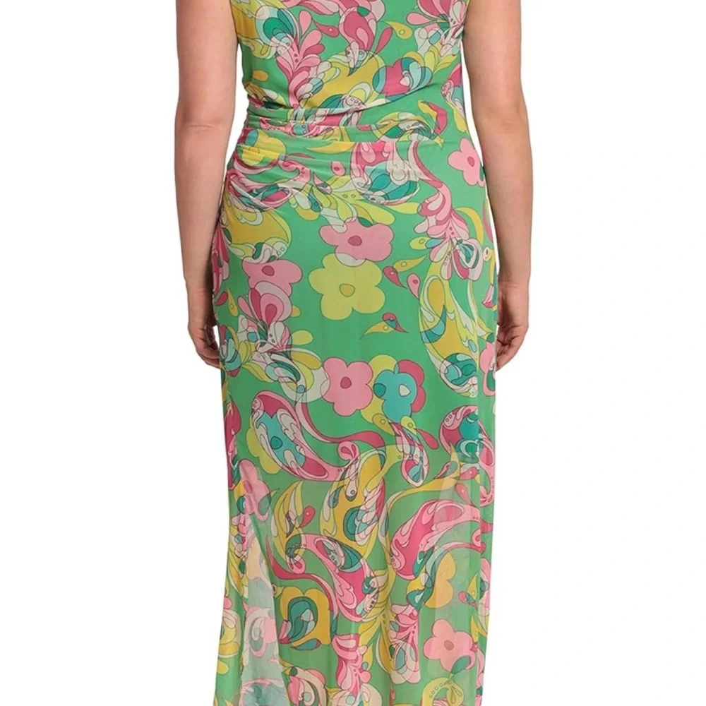 Donna Morgan multicolor green paisley floral pleat shirred overlay Dress size 20 - Picture 2 of 14